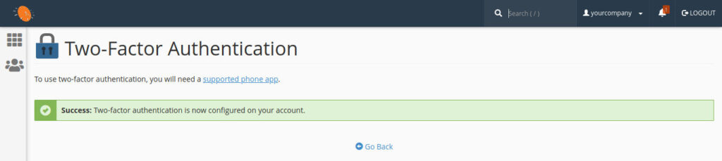 Houston Office Hosting account cPanel two factor authentication success message.