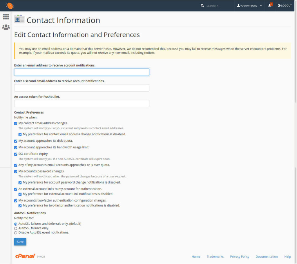 Houston Office Hosting accounts cPanel contact information and notifications.
